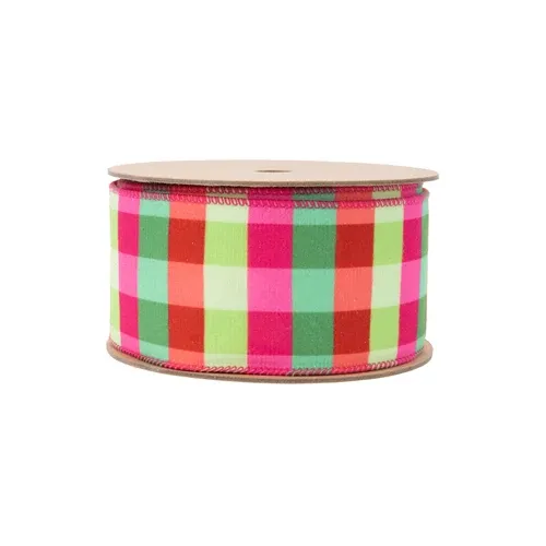2 1/2"X10 YD Velvet Ribbon | Florescent Pink/Green Plaid w/ Pink Stripe Backing