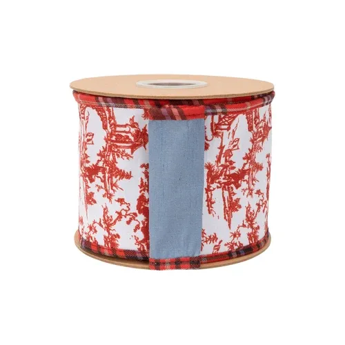 4" Wired Dupioni Ribbon | Red Chinoiserie w/Plaid Piping and Blue Dupioni Backing | 10 Yard Roll
