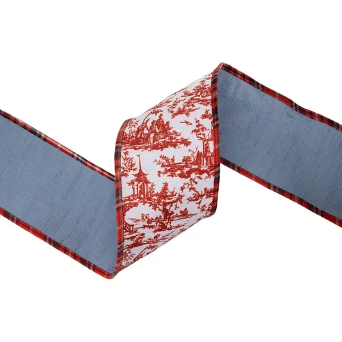 4" Wired Dupioni Ribbon | Red Chinoiserie w/Plaid Piping and Blue Dupioni Backing | 10 Yard Roll