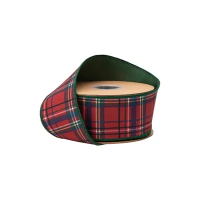 2 1/2" Wired Dupioni Ribbon | Red Traditional Plaid w/ Green Backing | 10 Yard Roll