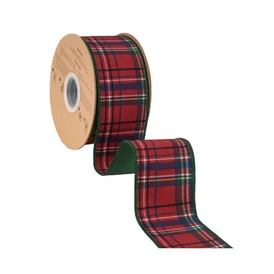 2 1/2" Wired Dupioni Ribbon | Red Traditional Plaid w/ Green Backing | 10 Yard Roll