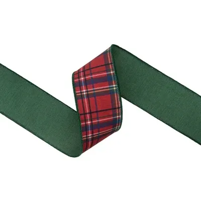 2 1/2" Wired Dupioni Ribbon | Red Traditional Plaid w/ Green Backing | 10 Yard Roll