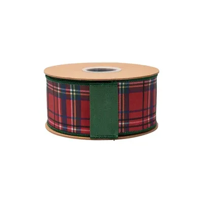 2 1/2" Wired Dupioni Ribbon | Red Traditional Plaid w/ Green Backing | 10 Yard Roll