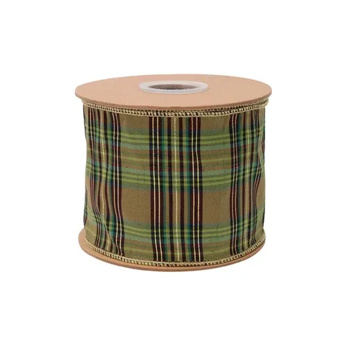 4" Wired Ribbon | Green Metallic Plaid | 10 Yard Roll