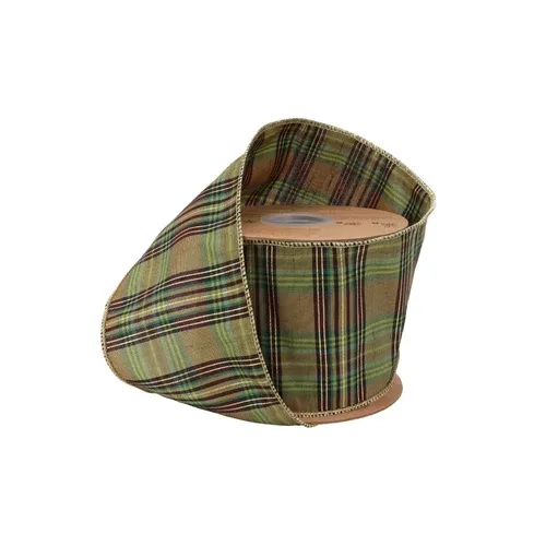 4" Wired Ribbon | Green Metallic Plaid | 10 Yard Roll