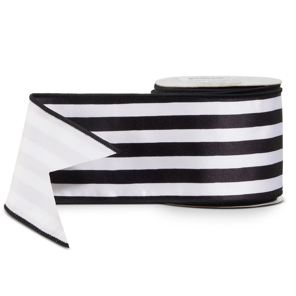 4" X 10 Yds Black and White Striped Satin Wired Ribbon
