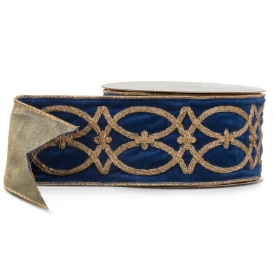 4" X 5 Yds Blue Velvet and Gold Embroidered Wired Ribbon