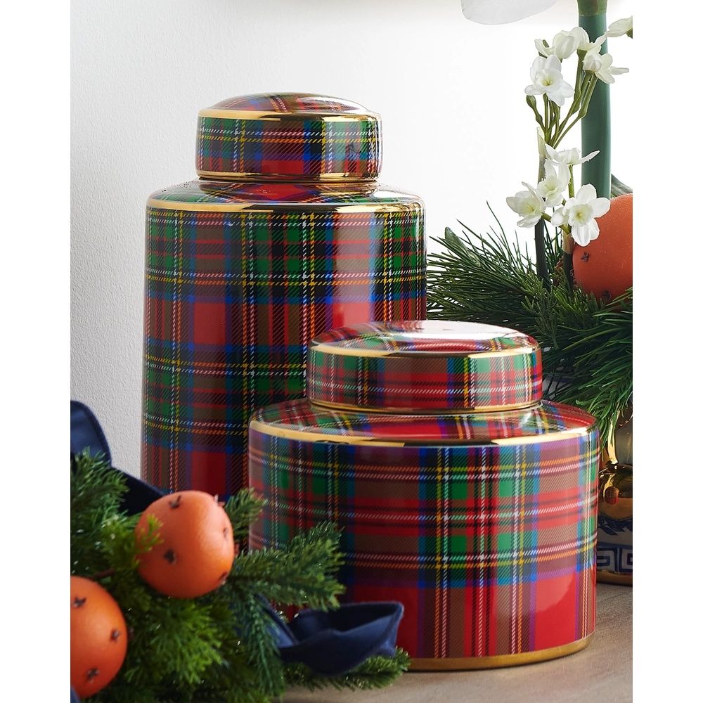 12" Tartan Plaid Decorative Jar