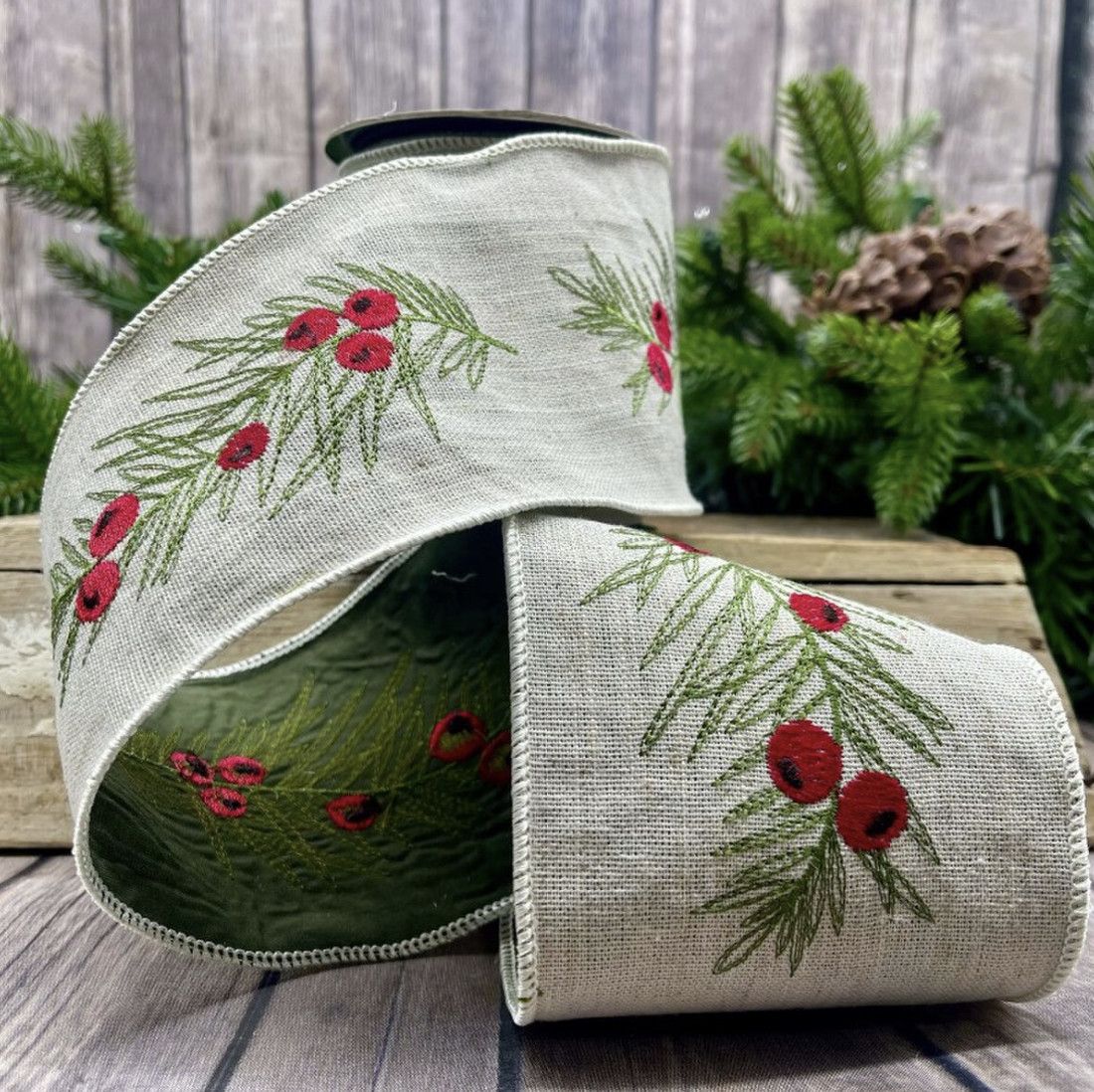 4" x 5yds cotton embroidery berry greenery, cream