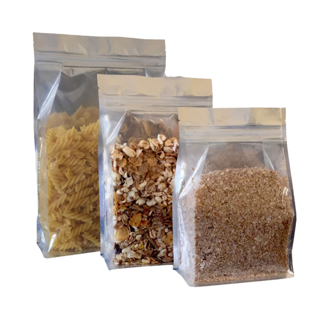 Metalised &amp; Clear Flat Bottom Pouches