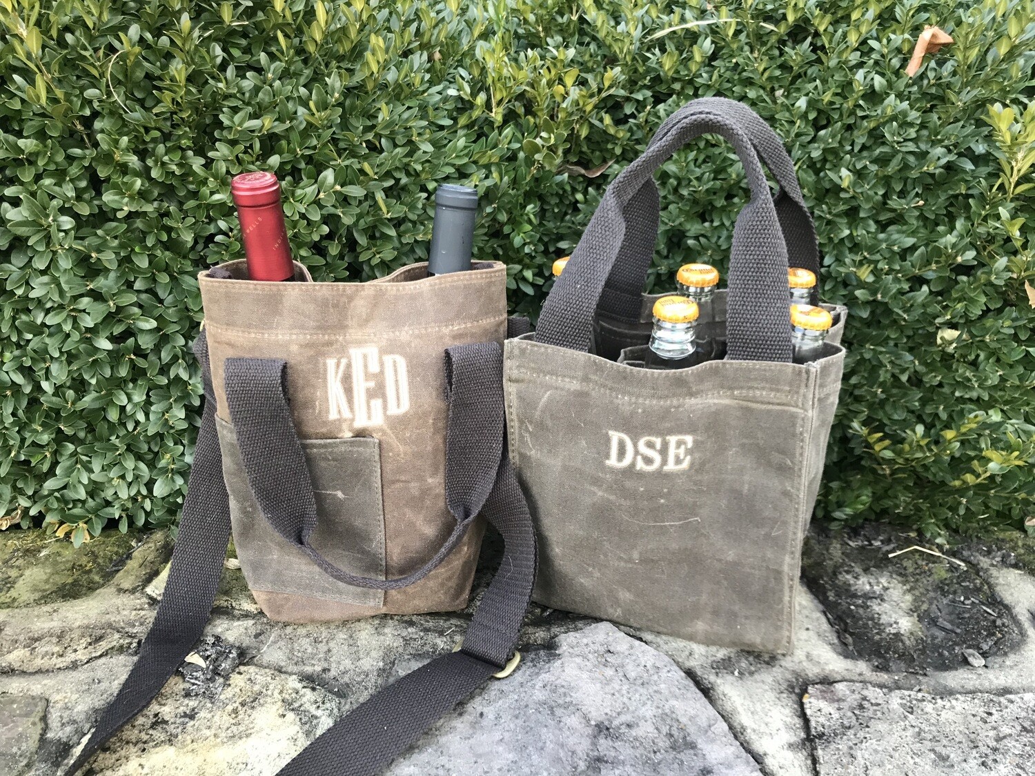 Monogrammed Waxed Canvas Double Wine Bottle Carrier