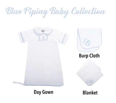 Blue Piping Baby Collection (Day Gown, Burp Cloth, Blanket)