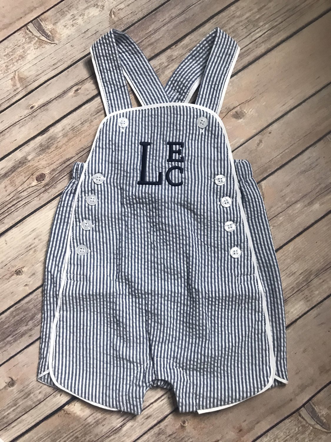 Monogrammed Blue Seersucker Shortall