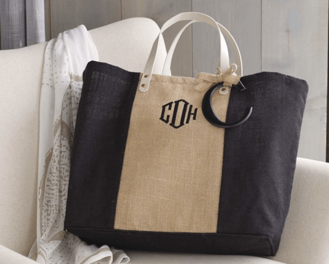 Color Block Jute Tote Bag in Black