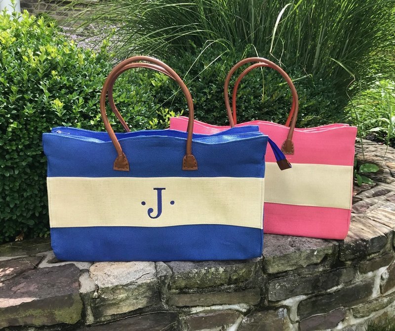 Monogrammed Straw Stripe Summer Tote