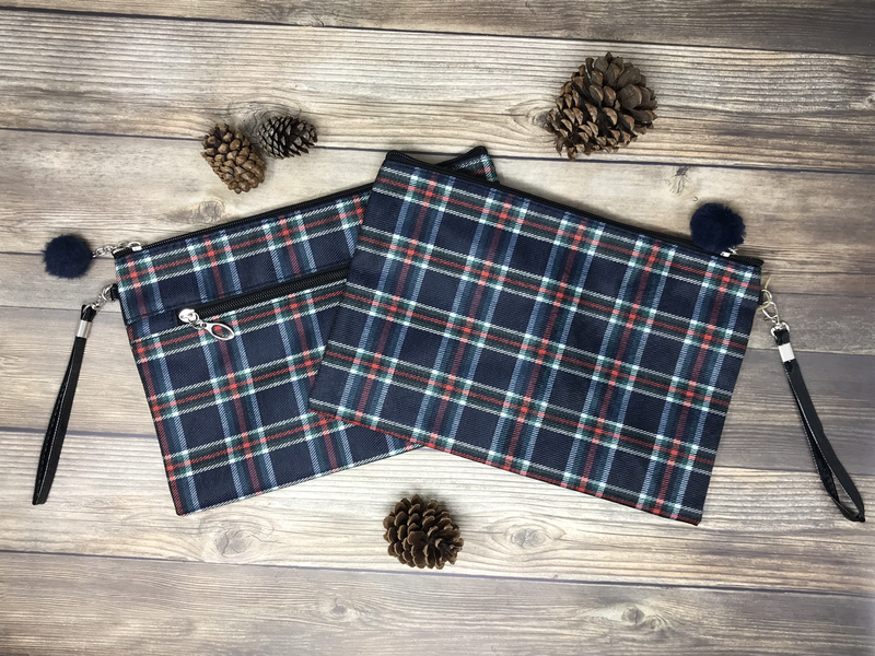 Navy Tartan Plaid Pom Pom Wristlet Clutch