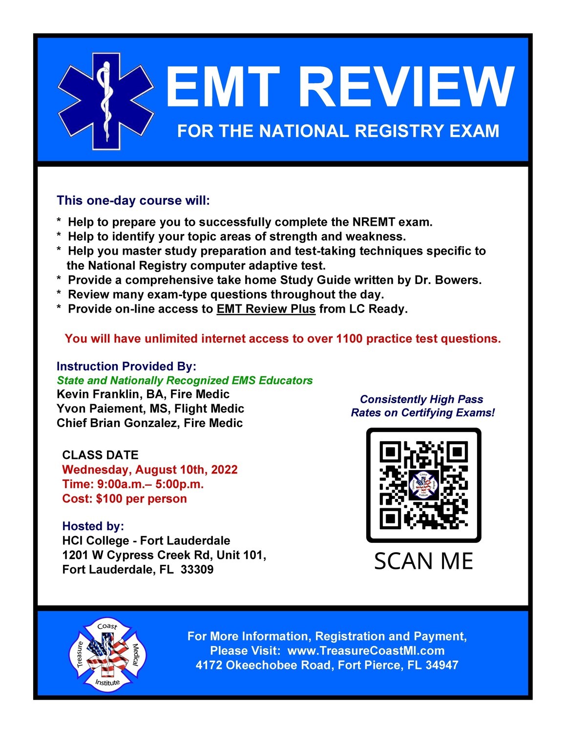National Registry EMT Exam Review August 10th Fort Lauderdale