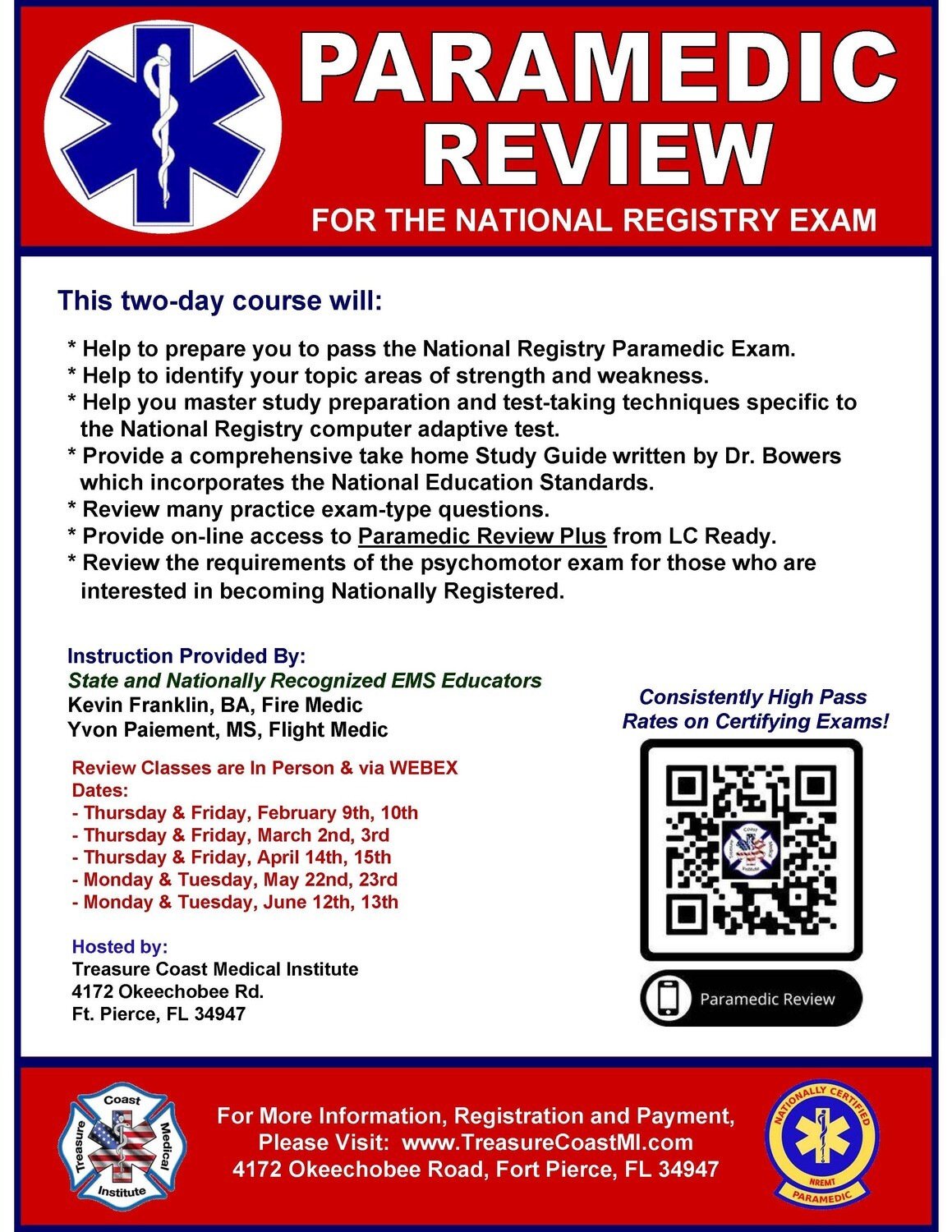 National Registry Paramedic April 13th and 14th Fort Pierce TCMI (IN PERSON)