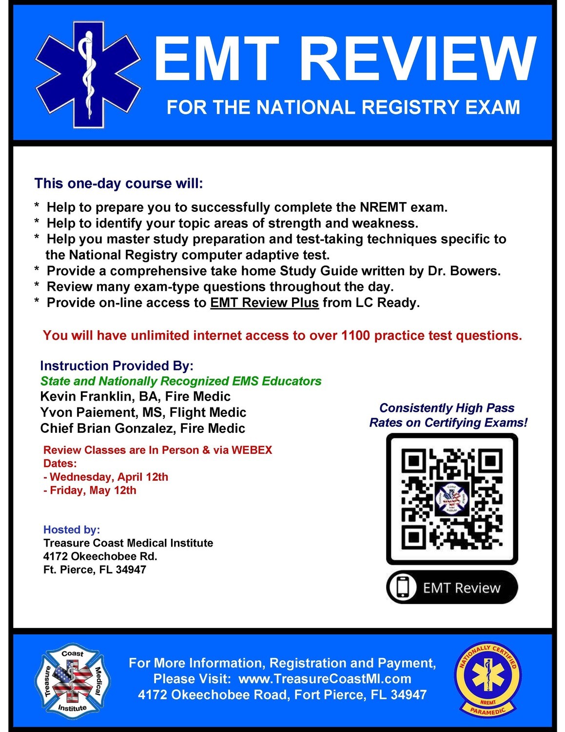 National Registry EMT Review April 12th Fort Pierce TCMI (IN PERSON)