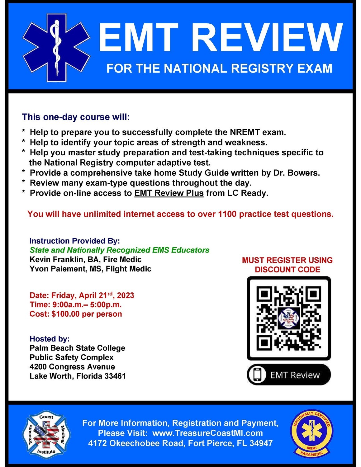 NREMT EMT Exam Review April 21st Lake Worth must use discount code to register