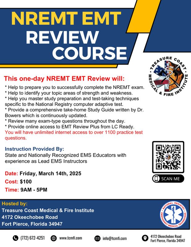 National Registry EMT Review March 14th Fort Pierce TCMI (IN PERSON)