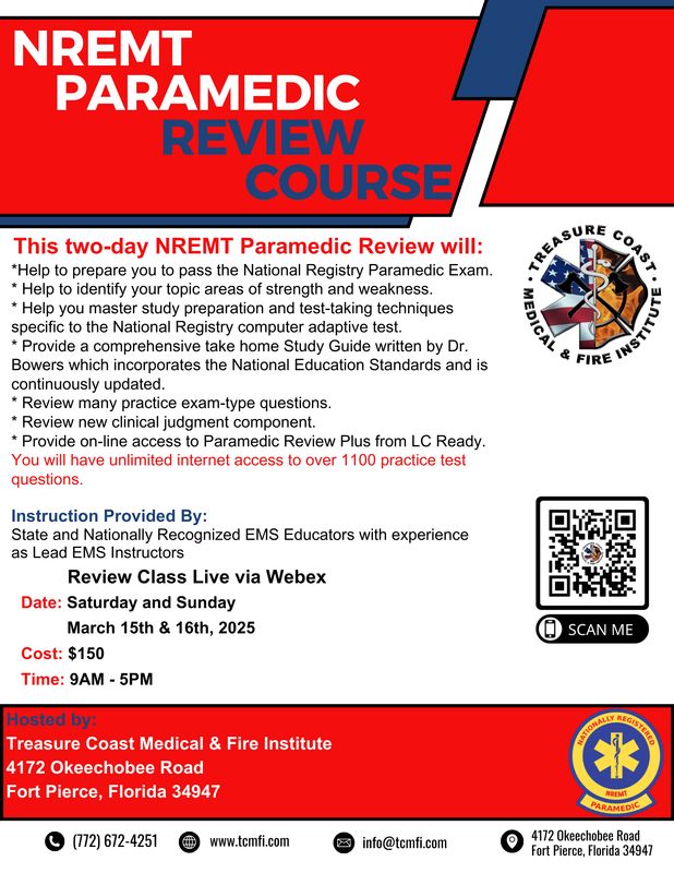 NREMT Paramedic March 15th and 16th (VIRTUAL VIA WEBEX 9-5pm)