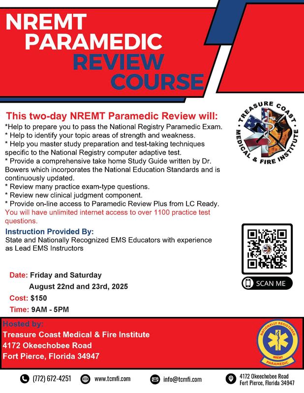 NREMT Paramedic August 22nd and 23rd Fort Pierce TCMI (IN PERSON)
