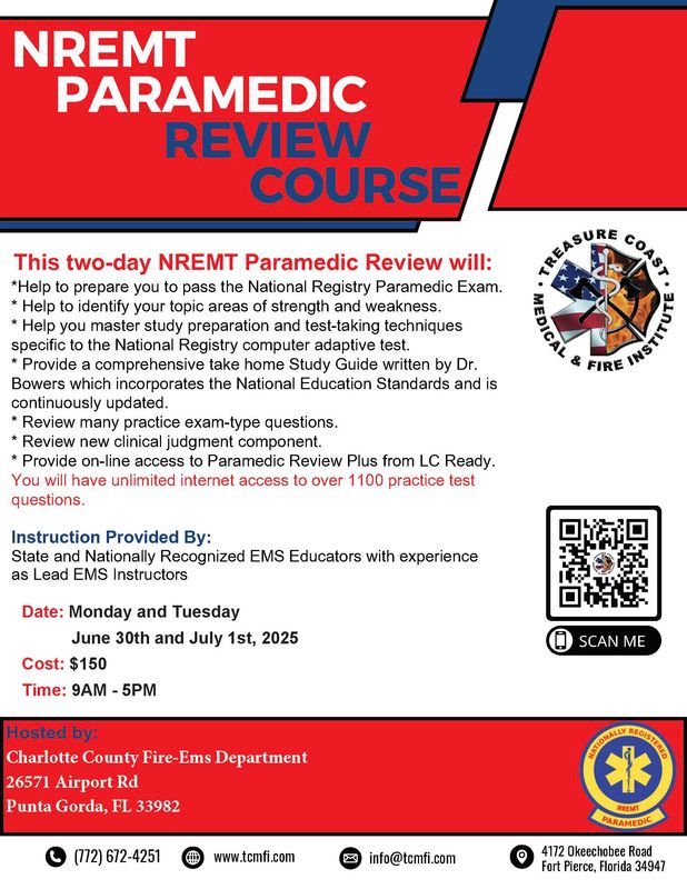 NREMT Paramedic June 30th and July 1st Punta Gorda