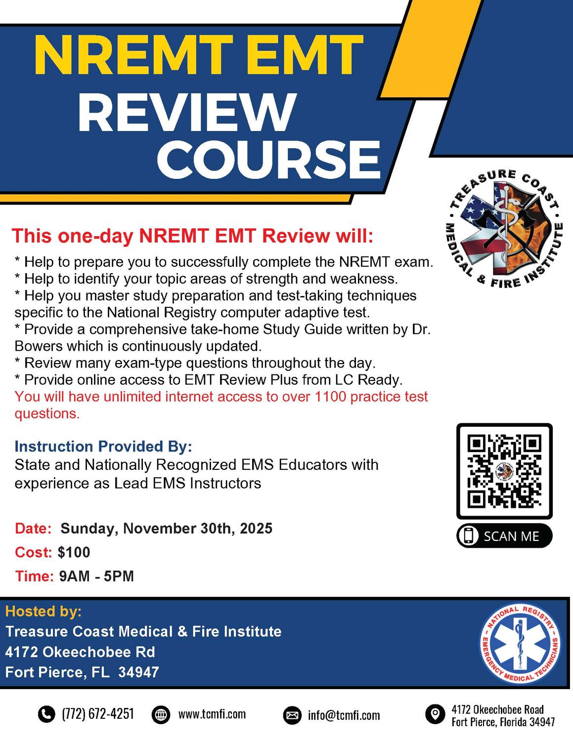 National Registry EMT Review November 30th Fort Pierce TCMI (IN PERSON)