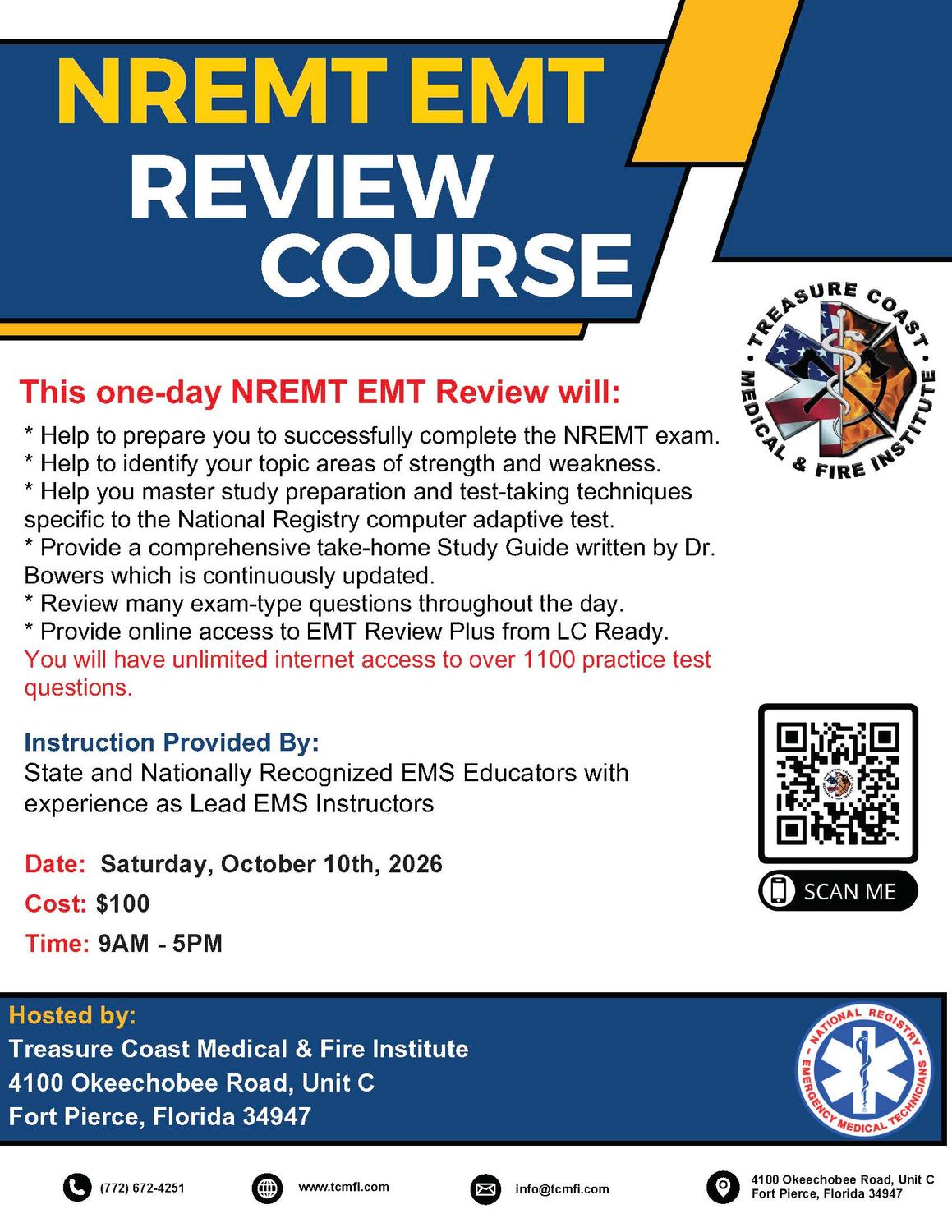 National Registry EMT Review October 10th Fort Pierce TCMI (IN PERSON)