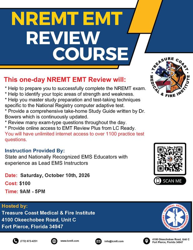 National Registry EMT Review October 10th Fort Pierce TCMI (IN PERSON)