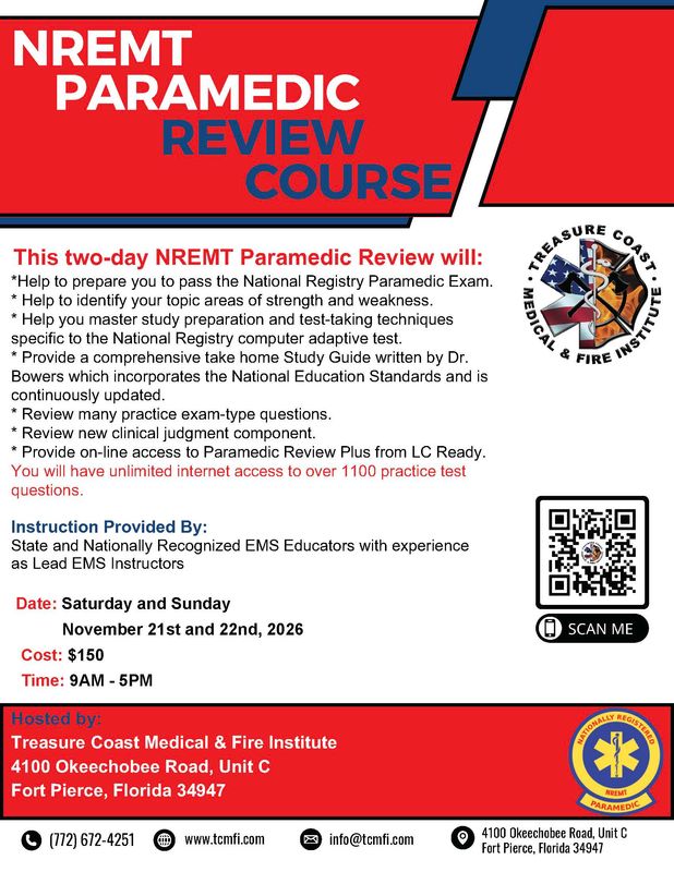 NREMT Paramedic November 21st and 22nd Fort Pierce TCMI (IN PERSON)