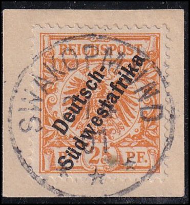 1899 German South West Africa. As the previous edition, but "Südwestafrika" in one Word on a piece (Cancelation Swakopmund) with Cert.