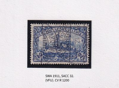 1911 German South West Africa. The Kaiser's Ship "Holenzollen." 2Mk Dark blue. VFU