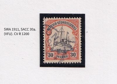 1906 German South West Africa. The Kaiser's Ship "Holenzollen." 30Pfg. Wmk Lozenges. Orange/Black on Cream paper. FVU