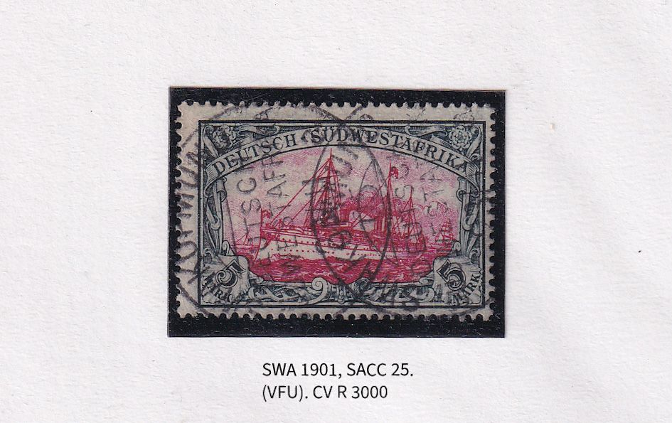 1901 German South West Africa. The Kaiser's Ship "Holenzollen." 5 Mk, No Wmk. Dark green &amp; Red. VFU
