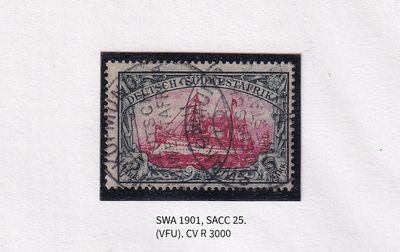 1901 German South West Africa. The Kaiser's Ship "Holenzollen." 5 Mk, No Wmk. Dark green &amp; Red. VFU
