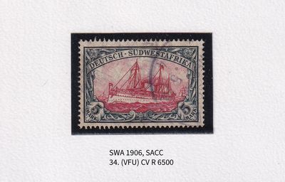 1906 German South West Africa. The Kaiser's Ship "Holenzollen." 5Mk, Wmk Lozenges. Greenish black &amp; carmine. VFU