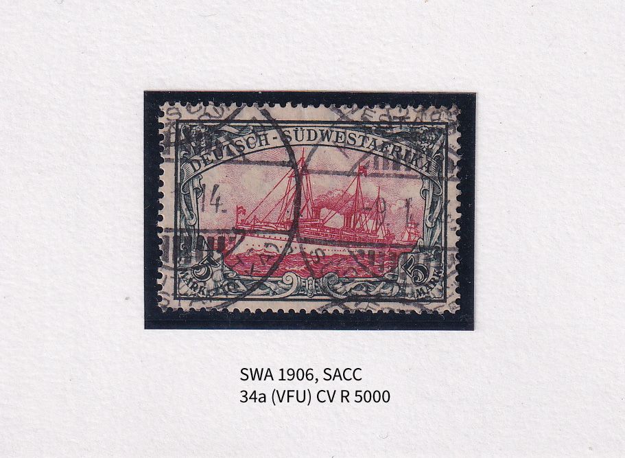 1906 German South West Africa. The Kaiser's Ship "Holenzollen." 5Mk Wmk Lozenges. Greenish black &amp; light red. VFU