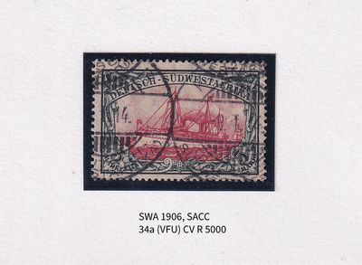1906 German South West Africa. The Kaiser's Ship "Holenzollen." 5Mk Wmk Lozenges. Greenish black &amp; light red. VFU