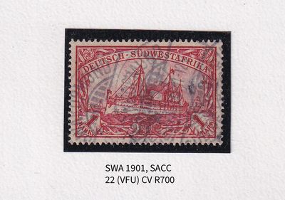 1901 German South West Africa. The Kaiser's Ship "Holenzollen." 1Mk, No Wmk, Red. VFU