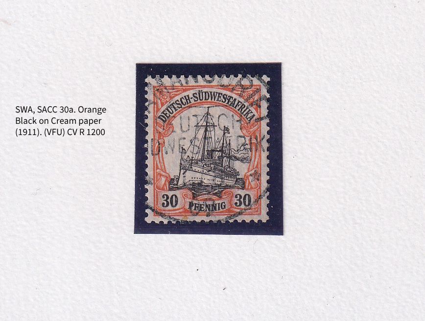 1906 German South West Africa. The Kaiser's Ship "Holenzollen." 30Pfg. Wmk Lozenges. Orange/Black on Cream paper. FVU