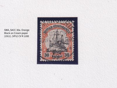 1906 German South West Africa. The Kaiser's Ship "Holenzollen." 30Pfg. Wmk Lozenges. Orange/Black on Cream paper. FVU