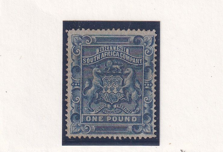 1892 Rhodesia B.S.A, Coat of Arms - White "Value." 1£ MM