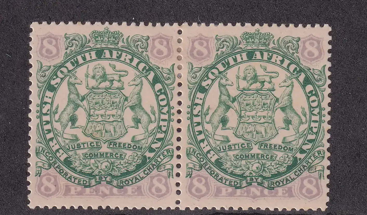 1897 B.S.A, Coat of Arms - End of Scroll Curled between Legs of Supporting Animals. 8d pairs. MM