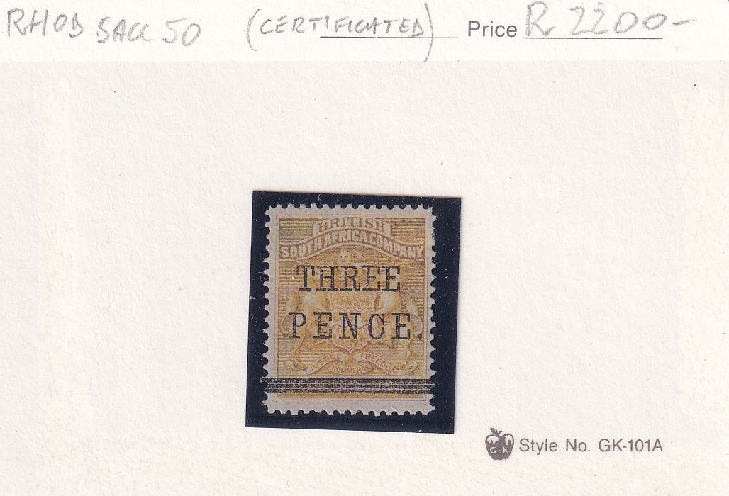 1896 April, Rhodesia B.S.A Prov issue used in Bulawayo during the Matabele Rebellion. 3d on 3s. MM