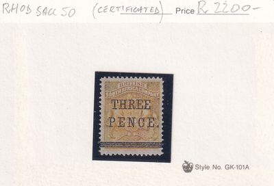 1896 April, Rhodesia B.S.A Prov issue used in Bulawayo during the Matabele Rebellion. 3d on 3s. MM