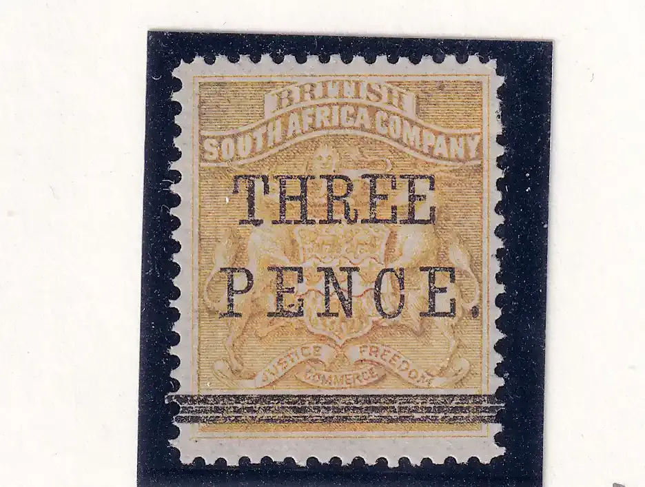 1896 B.S.A Prov issue used in Bulawayo during the Matabele Rebellion. 3d on 3s. MM