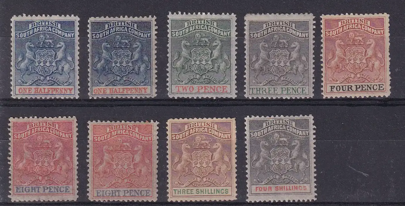 1892 Rhodesia B.S.A, Coat of Arms - Colored "Value." Full Set. MM