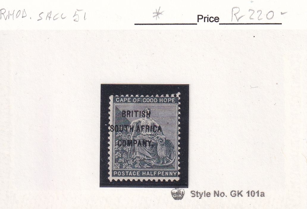 1896 Rhodesia B.S.A, Cape of Good Hope Postage Stamps Overprinted "BRITISH SOUTH AFRICA COMPANY." ½P, MM